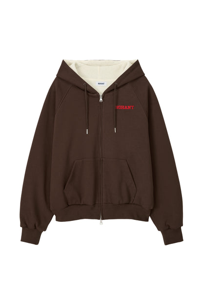 WAFFLE LINED HOODED ZIP-UP JUMPER BROWN