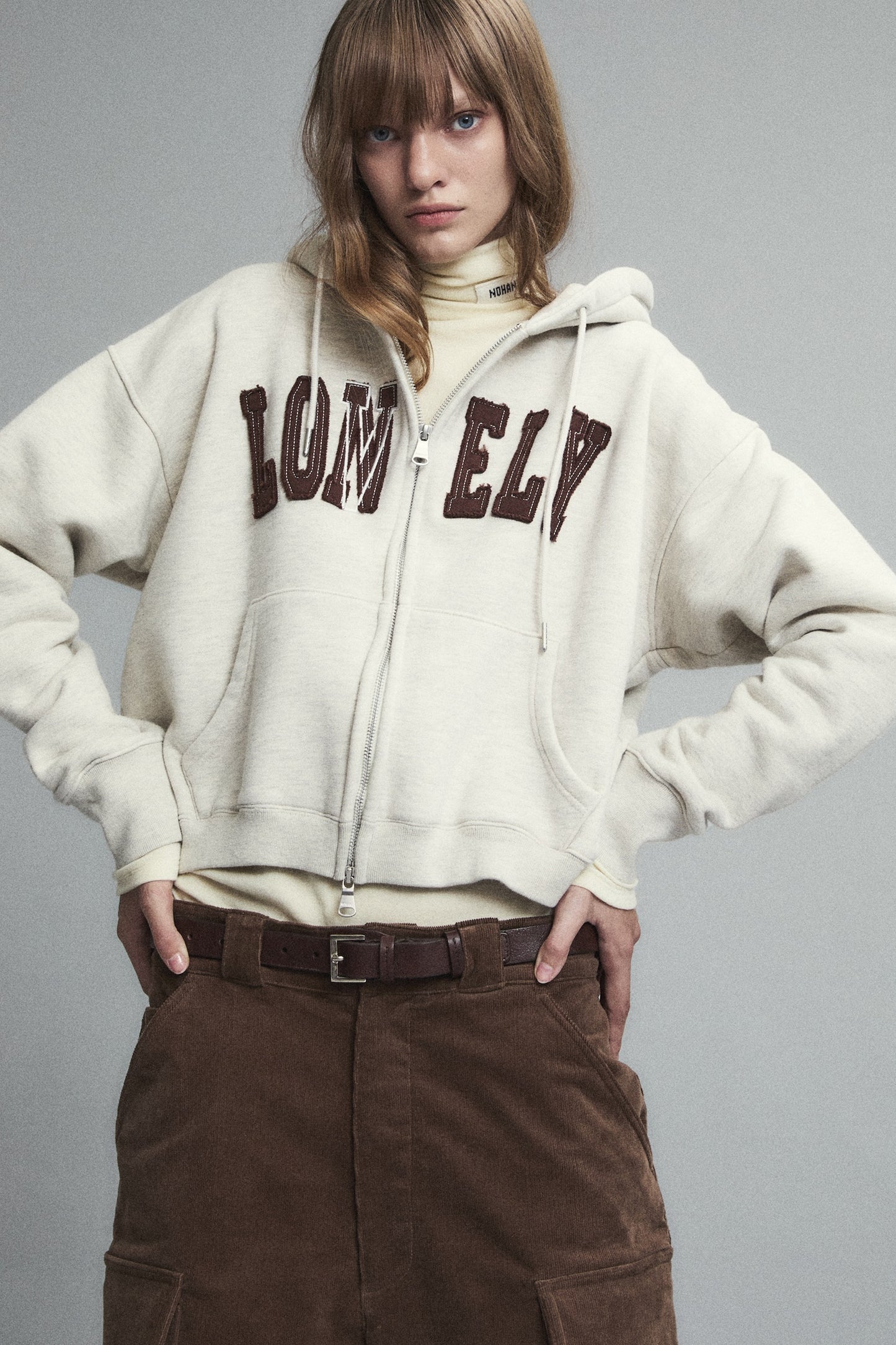 LONELY/LOVELY CROP HOODIE ZIP-UP OATMEAL