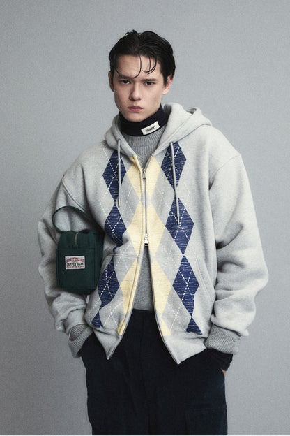 HEAVYWEIGHT ARGYLE HOODIE ZIP-UP GRAY