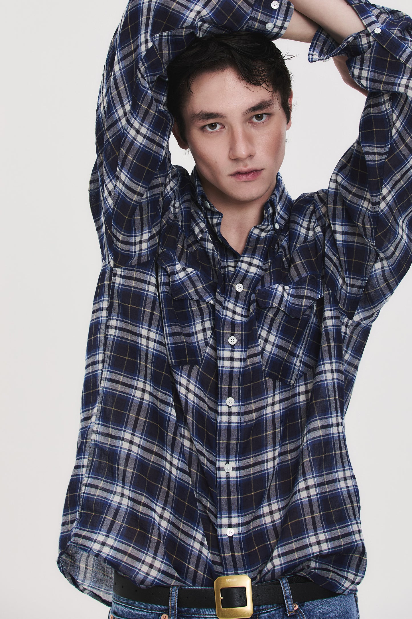 SOFT SHEER CHECK SHIRT NAVY