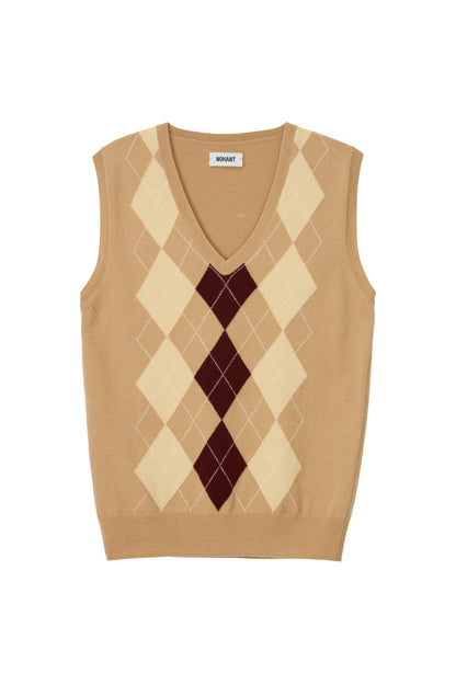CASHMERE BLENDED ARGYLE VEST BEIGE