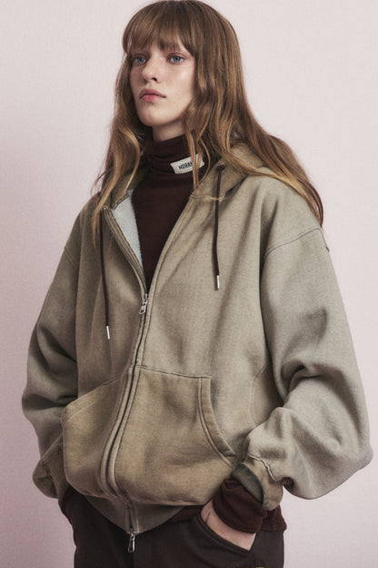 MINIMAL WASHED HOODIE ZIP-UP BROWN