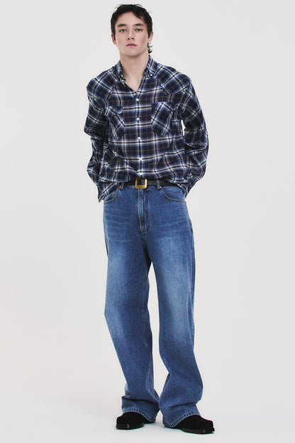 SOFT SHEER CHECK SHIRT NAVY