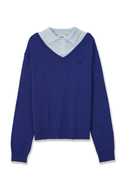 LAYERED V-NECK COLLAR KNIT BLUE