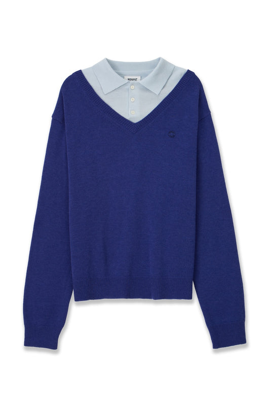 LAYERED V-NECK COLLAR KNIT BLUE