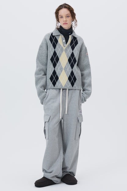 ARGYLE JACQUARD CROP KNIT GRAY