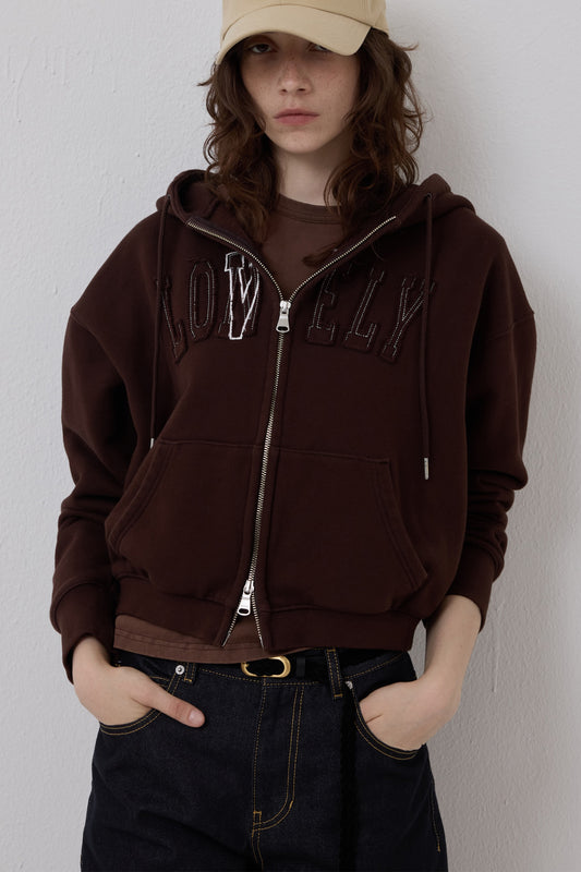 LONELY/LOVELY CROP HOODIE ZIP-UP BROWN