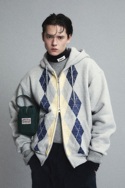 HEAVYWEIGHT ARGYLE HOODIE ZIP-UP GRAY