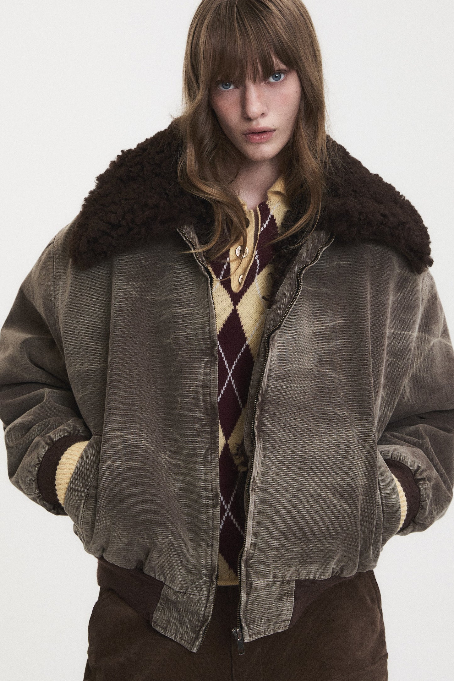 WASHED SHEARLING COLLAR BLOUSON BROWN