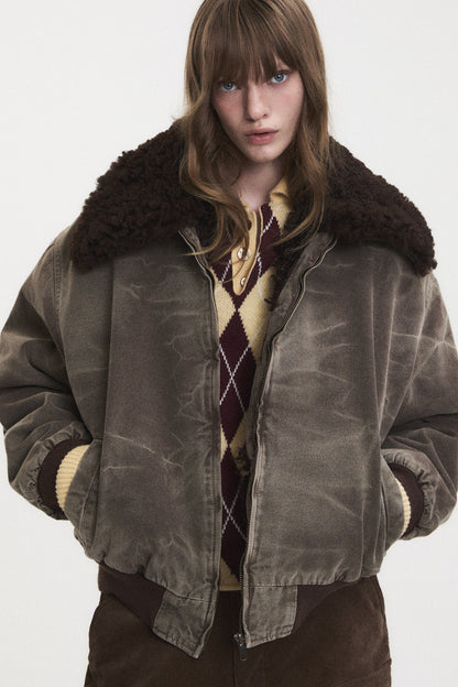 WASHED SHEARLING COLLAR BLOUSON BROWN